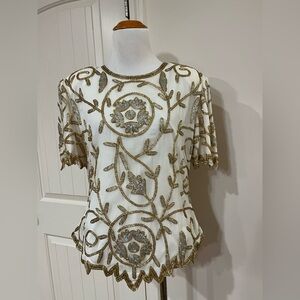 Laurence Kazar White and Gold Embellished Blouse